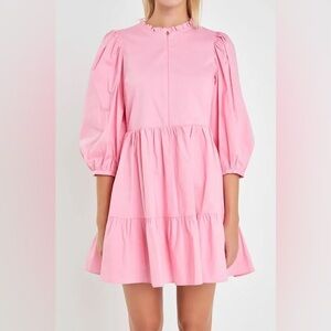 NWT English Factory Front Zipped 3/4 Sleeve Mini Dress, Bubblegum Pink, Size M